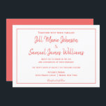 Inbjudan till elegant Coral and White Elegance<br><div class="desc">En underbar bröllopsinbjudan med den här designen har korallteckensnitt på en vit bakgrund framtill. Baksidan har koral färg. Använda mallarna som du vill infoga information om. Beställ dina bröllopsinbjudningar idag!</div>