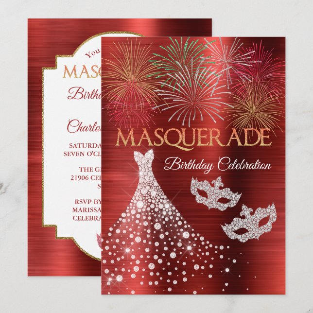 Inbjudan till Elegant Diamond Red Glam maskeringsi (Fram/baksida)