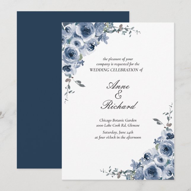 Inbjudan till elegant Dusty Blue Blommigt Wedding (Fram/baksida)
