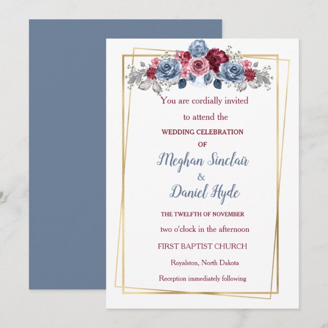 Inbjudan till elegant Dusty Blue och Burgundy Wedd (Fram/baksida)