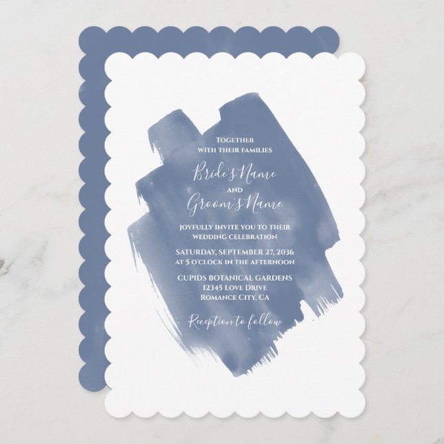 Inbjudan till elegant Dusty Blue Watercolor Weddin (Fram/baksida)