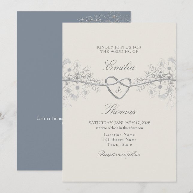Inbjudan till elegant Dusty Blue Wedding (Fram/baksida)