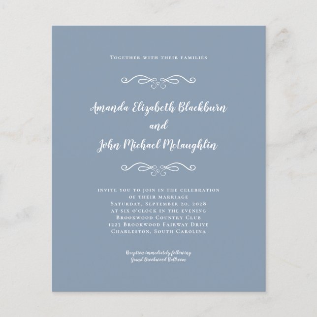 Inbjudan till elegant Dusty Blue White Budget Wedd (Framsida)