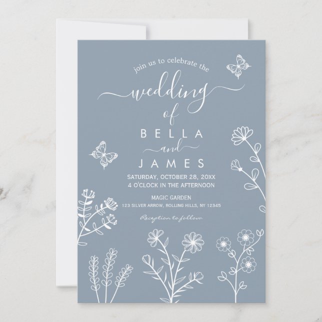 Inbjudan till elegant Dusty Blue Wildblombröllop (Framsida)
