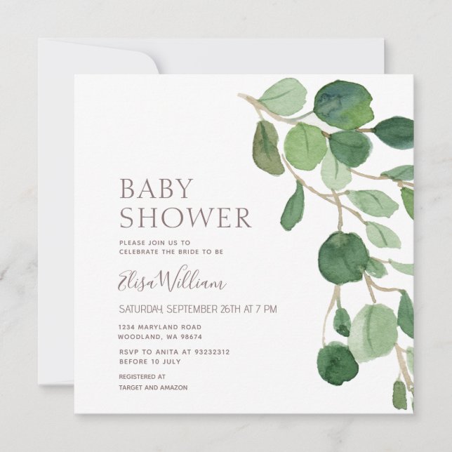 Inbjudan till elegant Eucalyptus Baby Shower (Framsida)