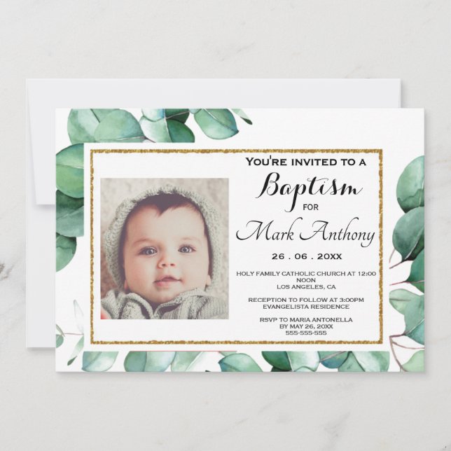 Inbjudan till elegant Eucalyptus Greenery Baptism (Framsida)