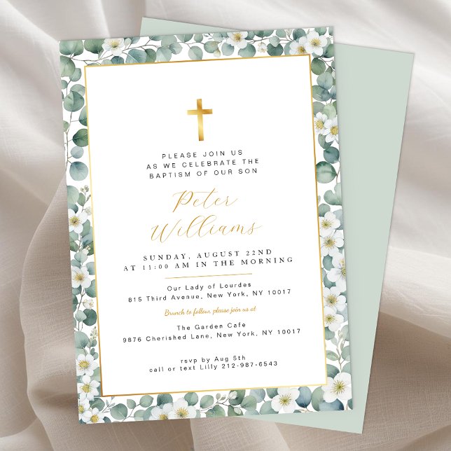 Inbjudan till elegant Eucalyptus Greenery Baptism (Gold Cross Eucalyptus Baptism Invitation)