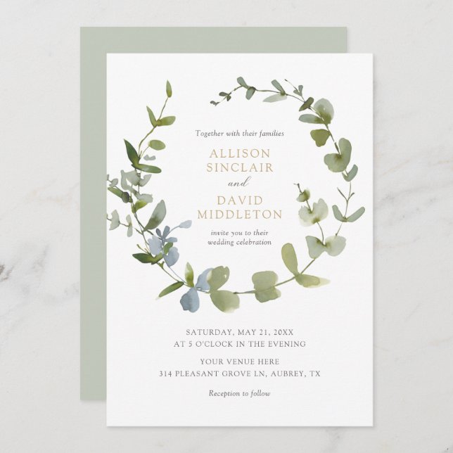 Inbjudan till elegant Eucalyptus Greenery Wedding (Fram/baksida)