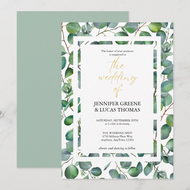 Inbjudan till elegant Eucalyptus Greenery Wedding (Fram/baksida)
