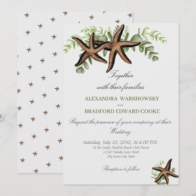 Inbjudan till elegant Eucalyptus och Starfish Wedd (Fram/baksida)