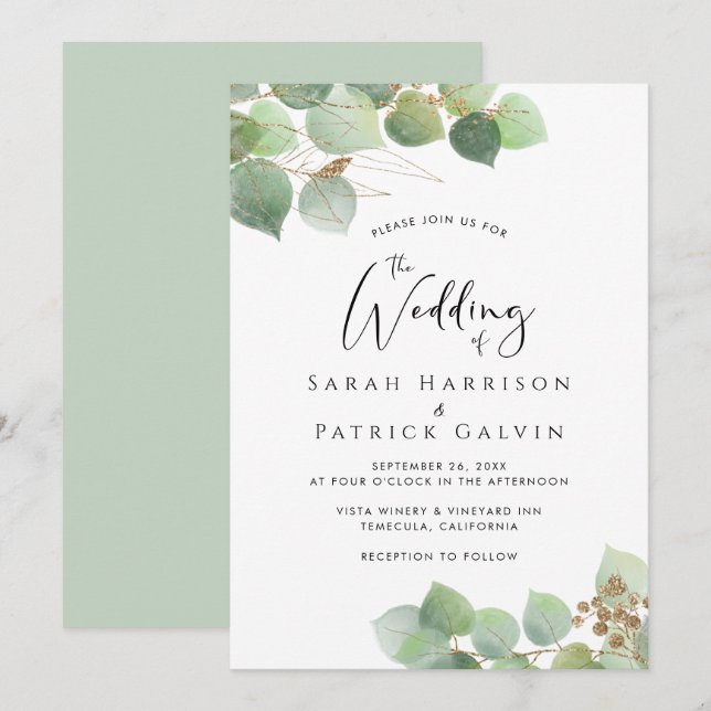 Inbjudan till elegant Eucalyptus Watercolor Weddin (Fram/baksida)