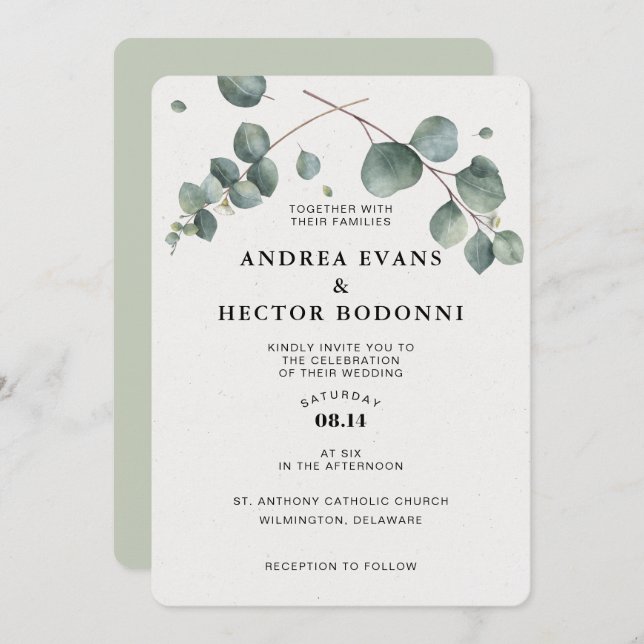 Inbjudan till elegant Eucalyptus Wedding (Fram/baksida)