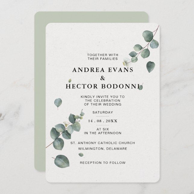 Inbjudan till elegant Eucalyptus Wedding (Fram/baksida)