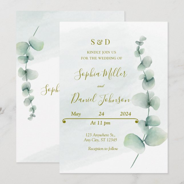 Inbjudan till elegant Eucalyptus Wedding (Fram/baksida)