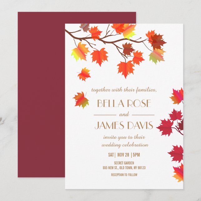 Inbjudan till elegant Fall Burgundy Wedding (Fram/baksida)