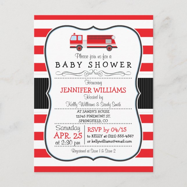 Inbjudan till elegant Fire Lastbil Baby Shower Vykort (Framsida)