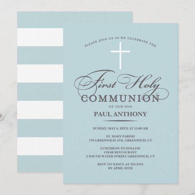 Inbjudan till elegant för första Heligan Ljusblå l (Fram/baksida)