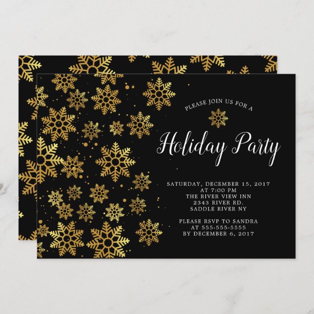 Inbjudan till Elegant Golden Snöflingor Julfest (Fram/baksida)