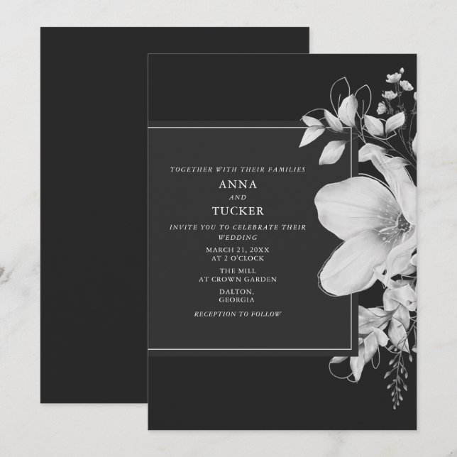 Inbjudan till elegant Grått Black & White Wedding (Fram/baksida)