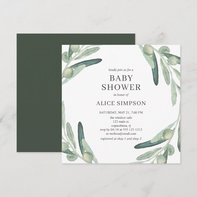 Inbjudan till elegant Greenery Olive Baby Shower (Fram/baksida)