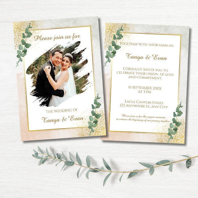 Inbjudan till elegant Grönt & Guld fotobröllop (Elegant Green & Gold Photo Wedding Invitation)