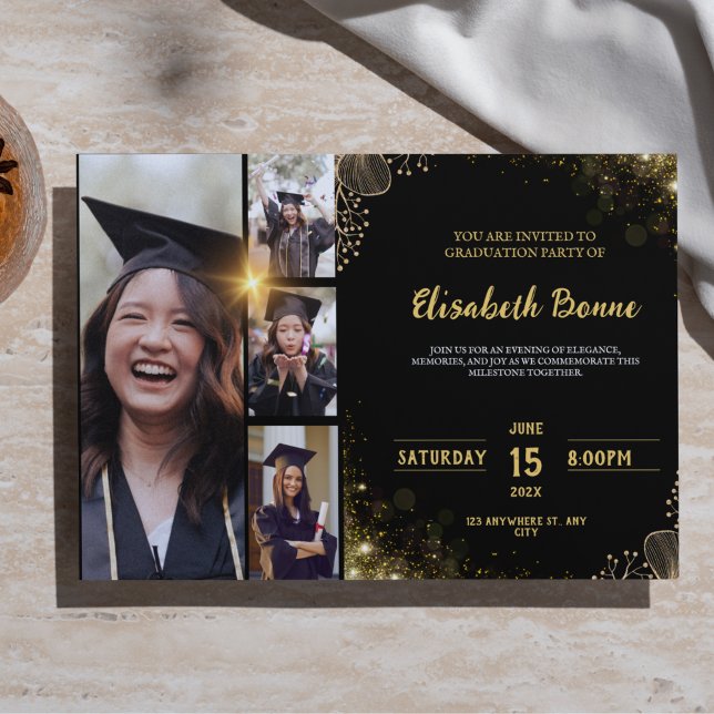 Inbjudan till elegant Guld & Black Studentfest (Elegant Gold & Black Graduation Party Invitation Template with 4 Photo Slots | Customizable & Classy)