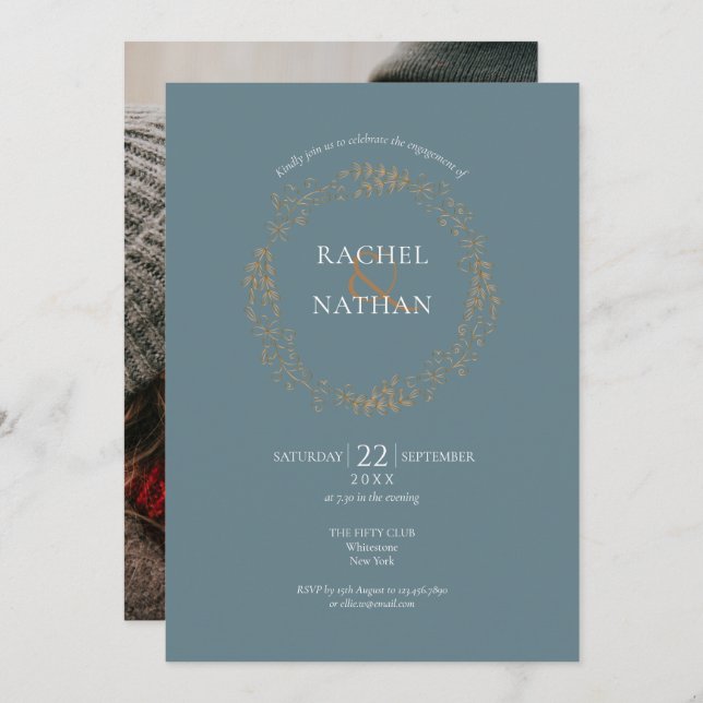 Inbjudan till elegant Guld Blommigt Garland Förlov (Fram/baksida)