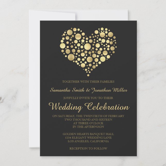 Inbjudan till elegant Guld Heart Dusty Black Weddi (Framsida)