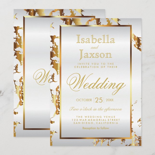 Inbjudan till elegant Guld Marble and White Satin (Fram/baksida)