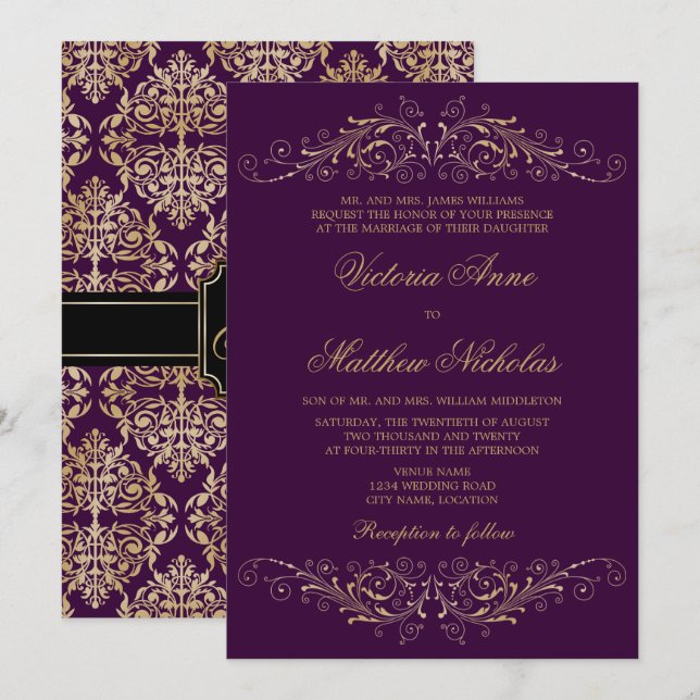Inbjudan till Elegant Guld Mourish Damask Eggplant (Fram/baksida)