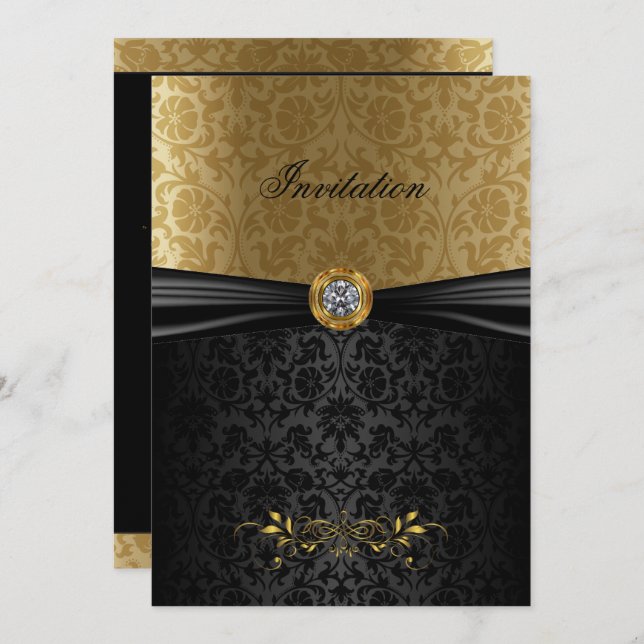 Inbjudan till elegant Guld och Black Damask (Fram/baksida)