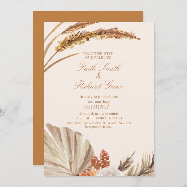 Inbjudan till elegant Guld Pampas Grass Wedding (Fram/baksida)