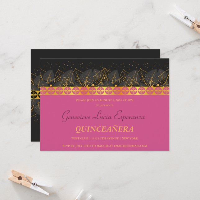 Inbjudan till elegant Guld Quinceañera (Fram/Back In Situ)