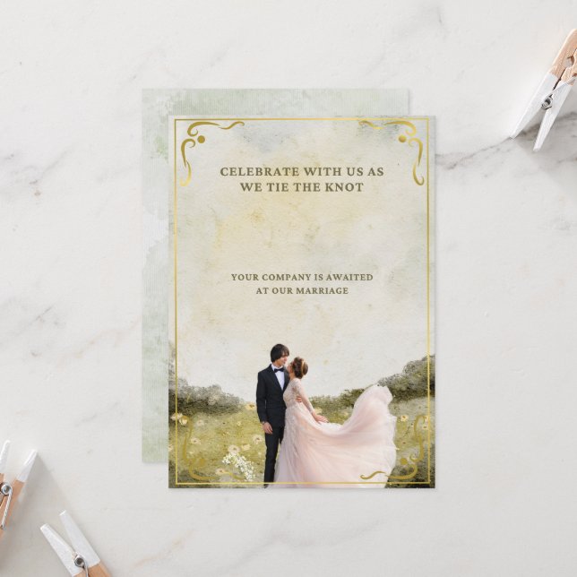 Inbjudan till elegant Guld Watercolor Wedding | Ro (Fram/Back In Situ)