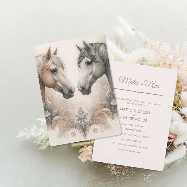 Inbjudan till elegant Hästbröllop (Elegant Horses Wedding Invitation (front and back))