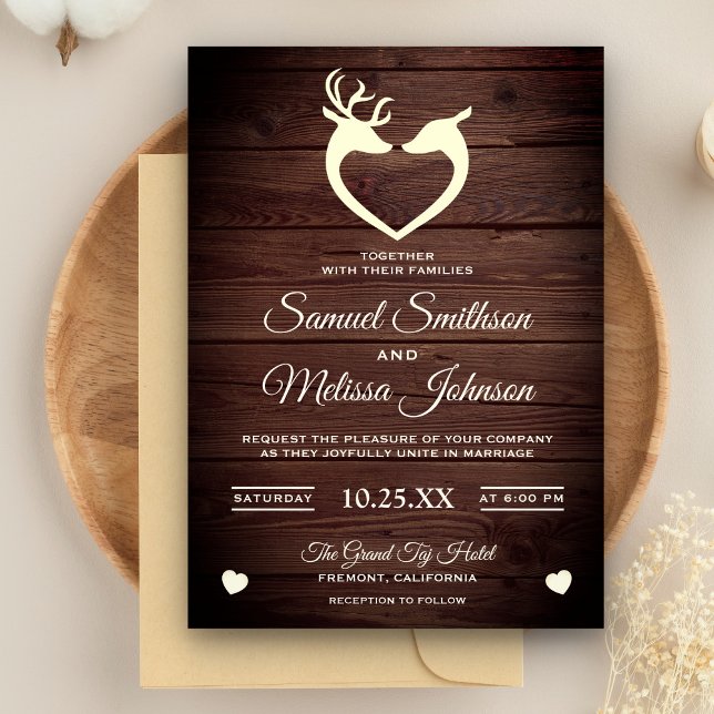 Inbjudan till elegant Hjort Heart Rustic Wood Wedd (Skapare uppladdad)