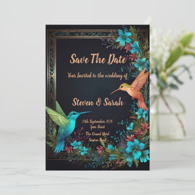 Inbjudan till elegant Hummingbird & Blommigt Weddi (Stående Fram)