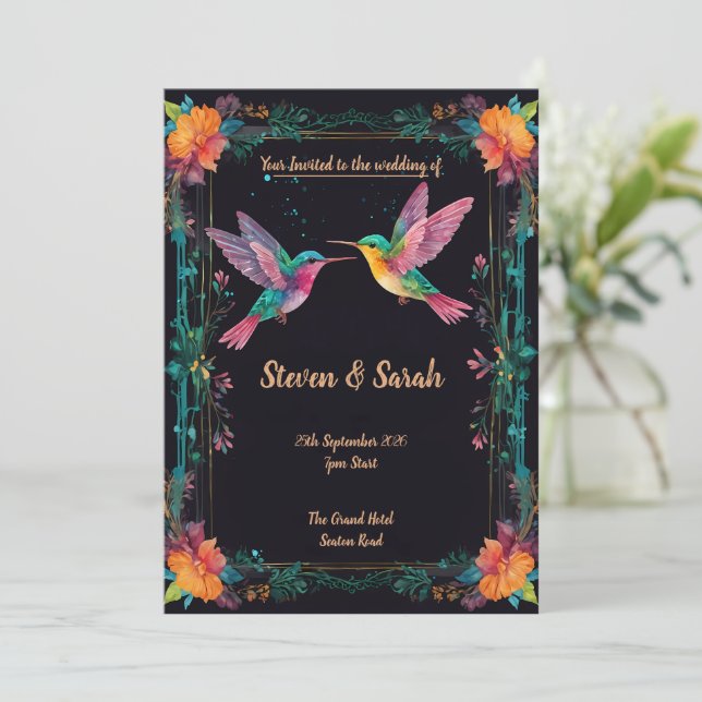 Inbjudan till elegant Hummingbird & Blommigt Weddi (Stående Fram)