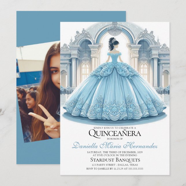 Inbjudan till elegant Ice Blue Quinceañera (Fram/baksida)