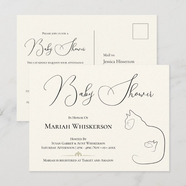 Inbjudan till elegant Kat & Kitten Baby Shower Vykort (Fram/baksida)