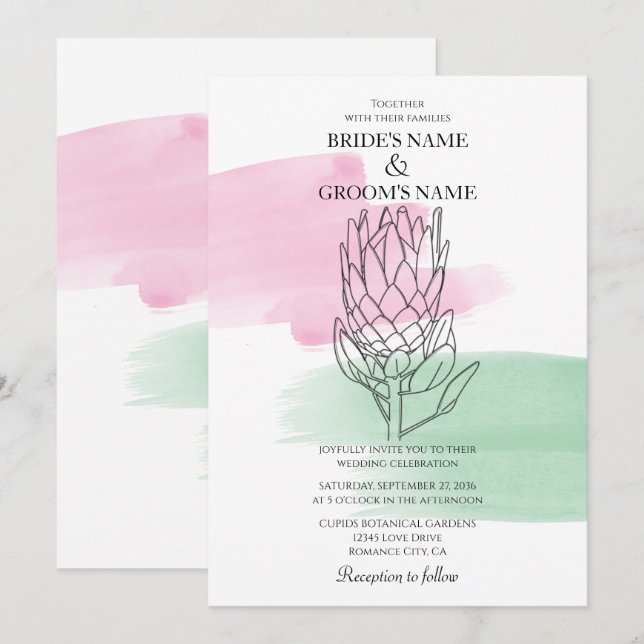 Inbjudan till elegant Kung Protea Watercolor Weddi (Fram/baksida)