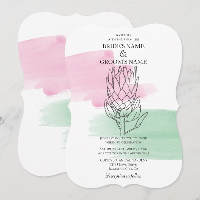 Inbjudan till elegant Kung Protea Watercolor Weddi (Fram/baksida)