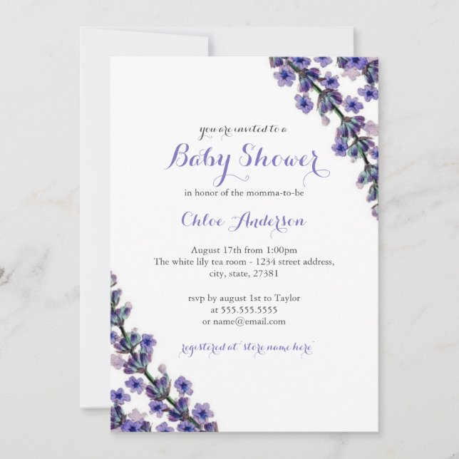 Inbjudan till elegant Lavender Baby Shower Shower (Framsida)