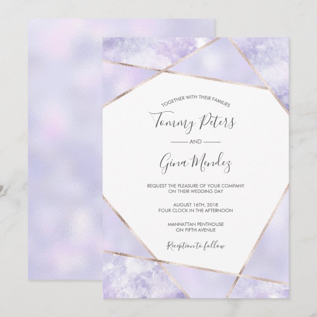 Inbjudan till elegant Lila & Guld Geometic Wedding (Fram/baksida)