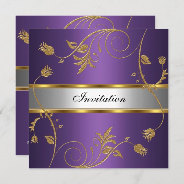 Inbjudan till Elegant Lila Guld Silver Blommigt (Fram/baksida)