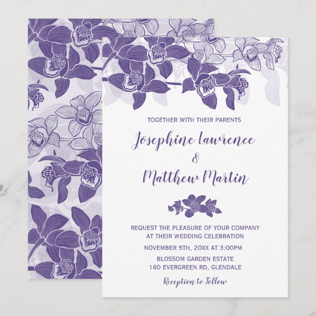 Inbjudan till elegant Lila Orchid Wedding (Fram/baksida)