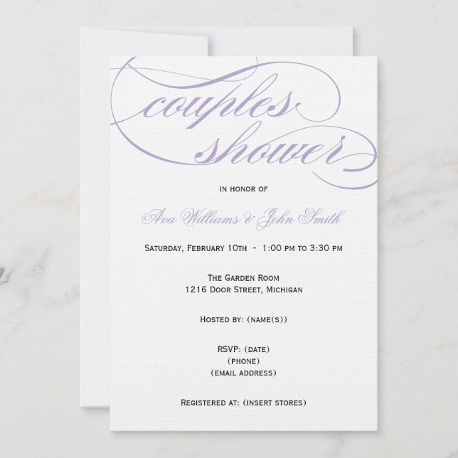 Inbjudan till Elegant Lila Script Par Shower (Framsida)