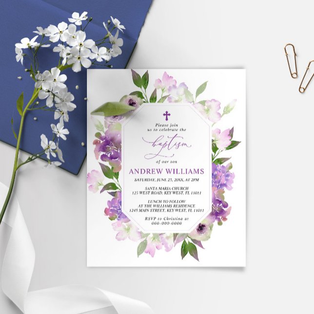Inbjudan till elegant Lilac Lila blommor Baptism (Skapare uppladdad)