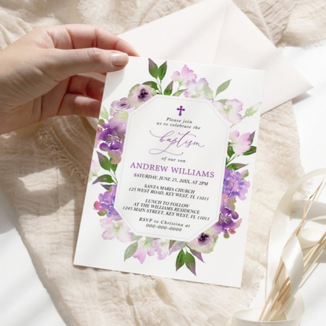 Inbjudan till elegant Lilac Lila blommor Baptism (Skapare uppladdad)