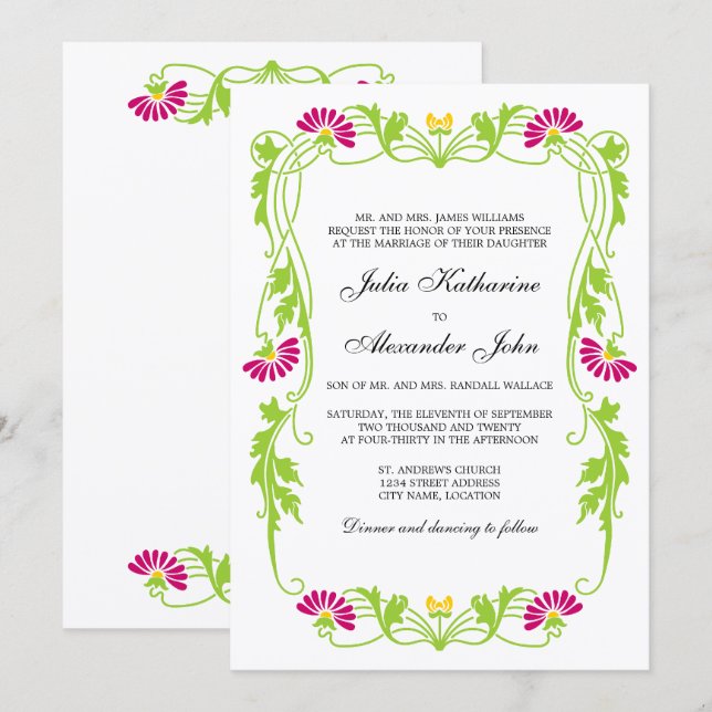 Inbjudan till elegant Löv Blommigtar och trådlöst  (Fram/baksida)